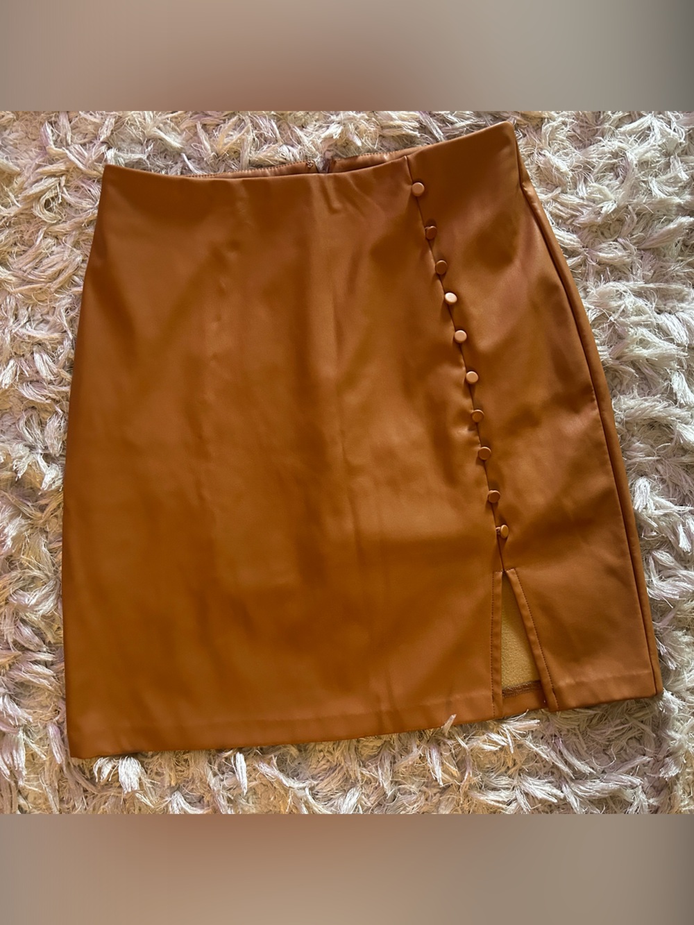 New York & Company Brown Faux Leather Mini Skirt with Side Button Detail